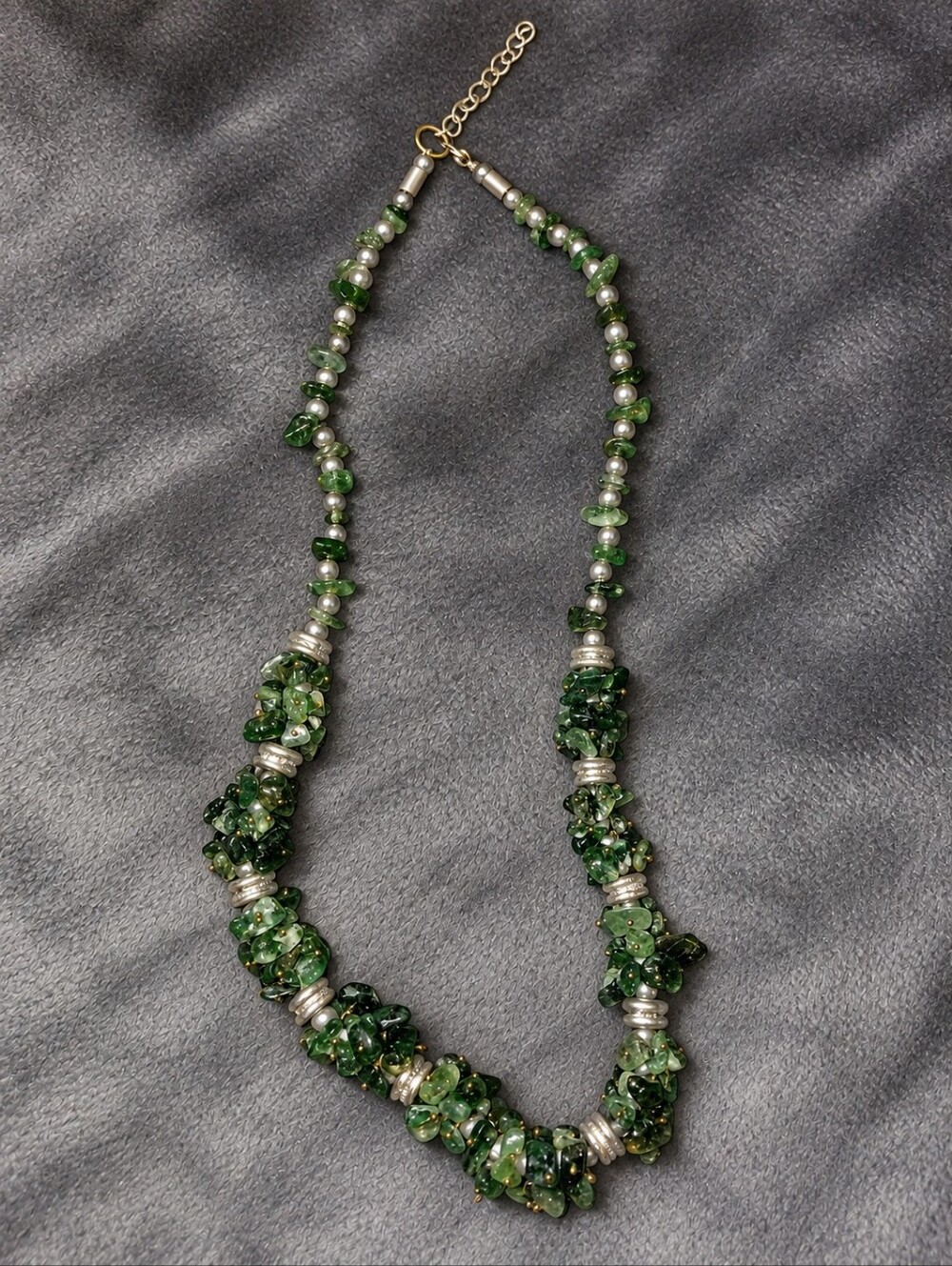 Handcrafted Boho Green Aventurine Chip & Silver Spacer Statement Necklace CC